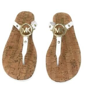 Michael Kors‎ Women 9 MK Gold Monogram White Jelly T-Strap Flip Flop Cork Sandal
